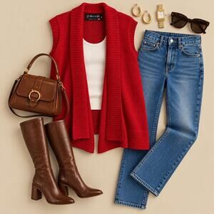 Alpaca in Style Women’s Red Longline Open Front Knit Sweater Vest – Size Medium